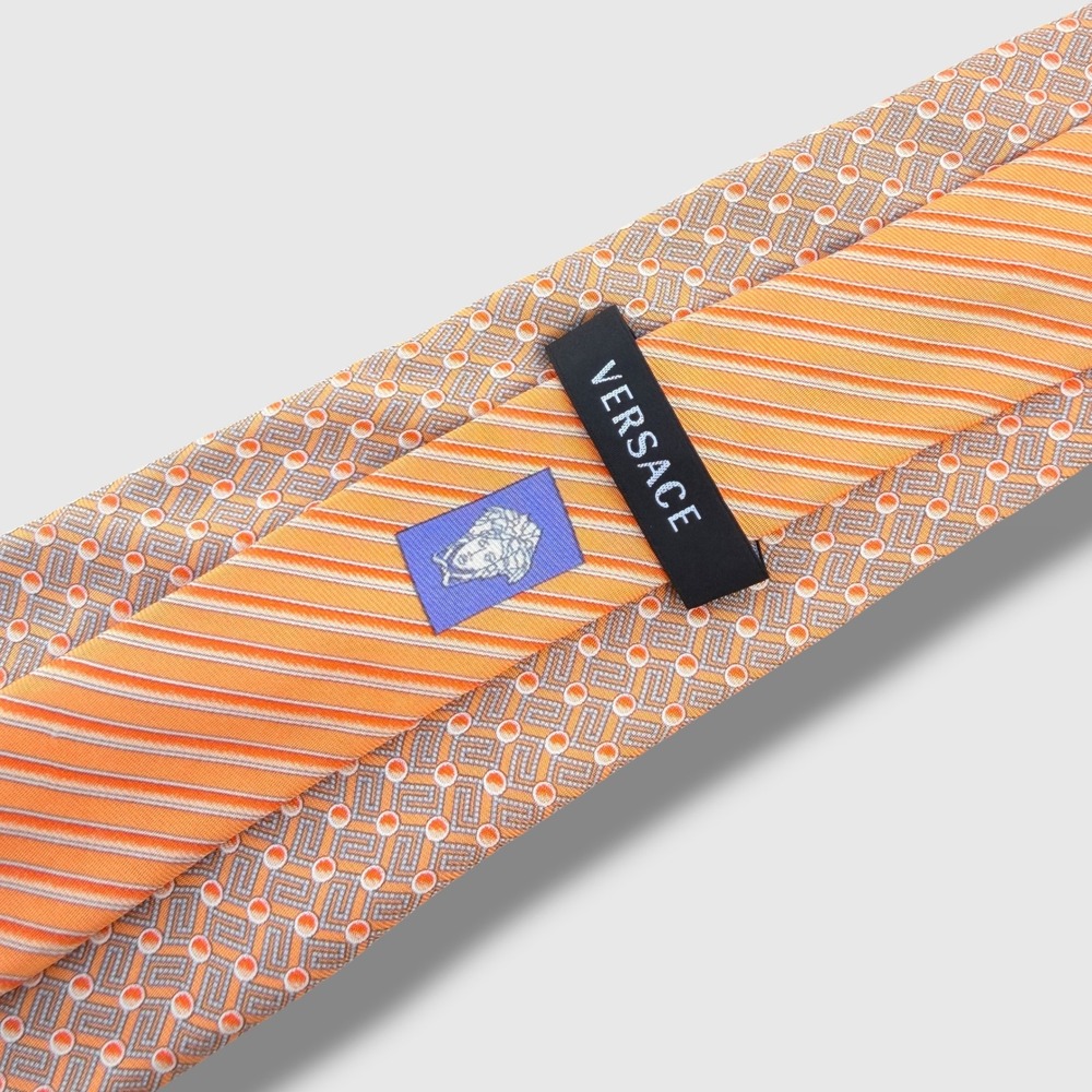 Versace Tie Mens OS Orange Geometric Greek Key Medusa Head 100% Silk Italy
